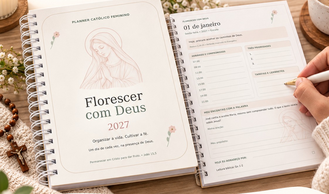 Planner Florescer com Deus 2027 com capa e página diária aberta